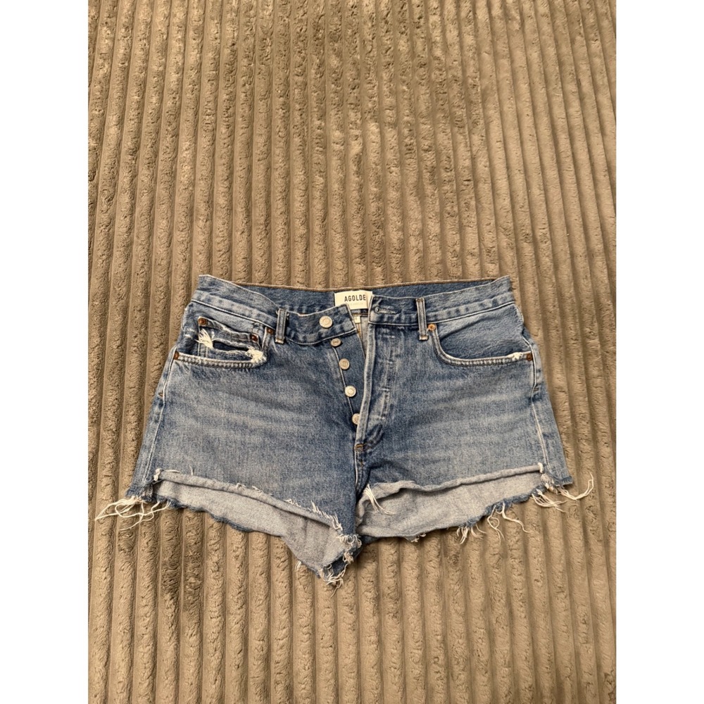 AGOLDE Parker High Rise Cut Off Denim Shorts Blue Organic Cotton Size 28
